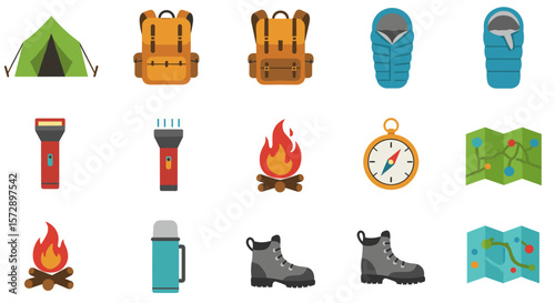 Illustration of camping equipment including tent backpacks sleeping bags and more items