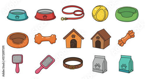 Collection of various dog accessories including bowls leashes and dog houses shown