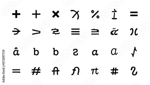 Mathematical symbols and letters in black on white background arithmetic operations