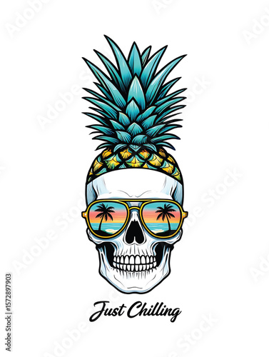 Skull pineapple wearing sunglasses reflecting tropical beach sunset vector