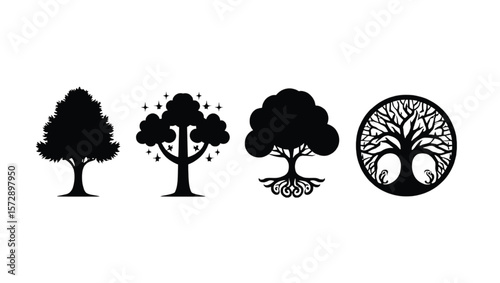 Stylized trees with roots and stars black white