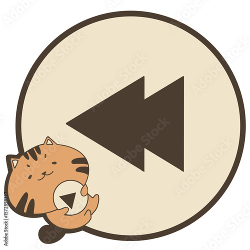 Illustration of rewind button with little orange cat. Cute rewind button illustration isolated on transparent background.