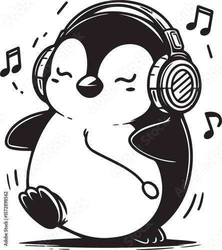 Adorable penguin wearing headphones and enjoying music notes in a fun black and white cartoon design.