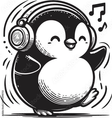 Adorable penguin wearing headphones and enjoying music notes in a fun black and white cartoon design.
