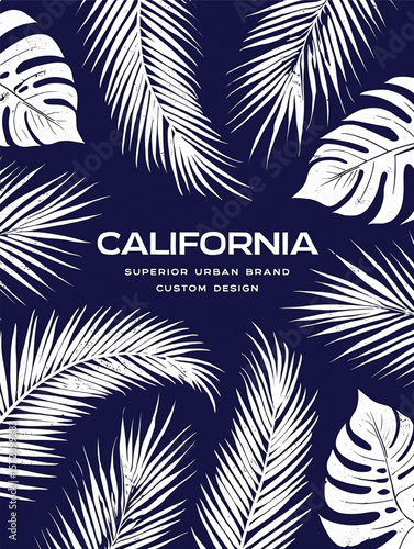 White palm and monstera leaves on navy blue background palm leaves tropical
