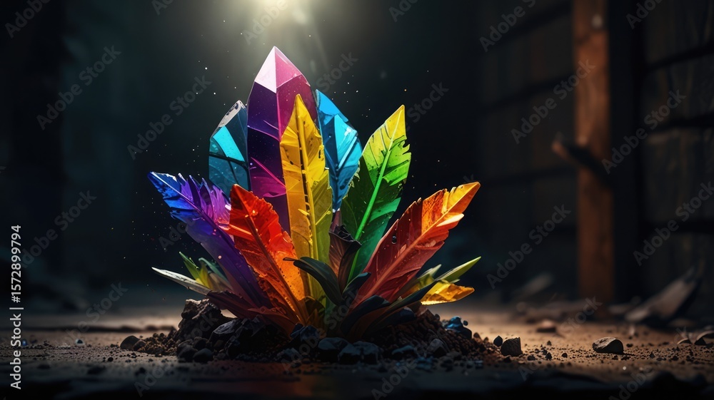 Naklejka premium A vibrant, colorful crystal formation emerges from dark soil, illuminated by a bright light source.