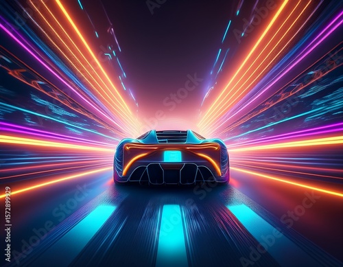 futuristic sports car driving in a neon tunnel cyberpunk style with vibrant glowing lights on a glossy background concept of high tech transport ai generative