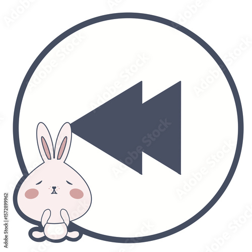 Illustration of rewind button in white and deep blue color with little pink bunny. Cute rewind button illustration isolated on transparent background.