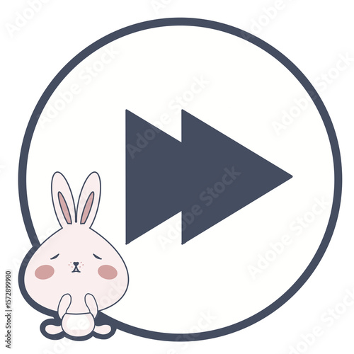 Illustration of fast-forward button in white and deep blue color with little pink bunny. Cute fast-forward button illustration isolated on transparent background.