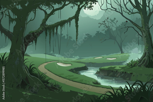 A vector golf course in a spooky, murky swamp.