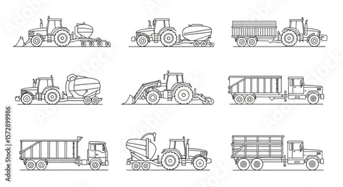  Agricultural and Farming Machinery Line Icon Set