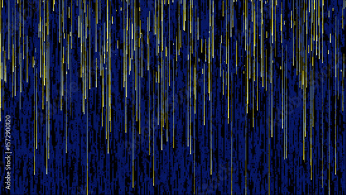 Abstract digital rain of yellow and white glowing lines falling against a dark blue pixelated background