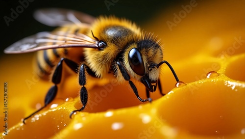 Close-Up of Honeybee on Honeycomb with Glowing Honey Droplets