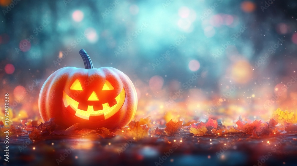 Fototapeta premium Glowing jack-o'-lantern amidst autumn leaves and bokeh