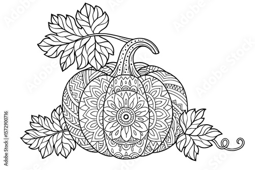 intricate mandala pumpkin with autumn leaves – detailed adult coloring page