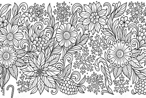 festive floral and snowflake coloring page – winter holiday adult design