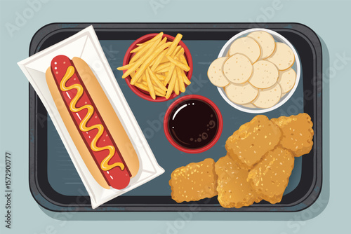 Vector top-down view of a fast food tray with a hot dog and fries.