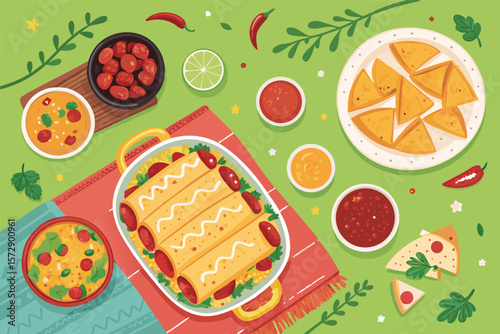 Overhead view of a vibrant Mexican fiesta table laden with delicious enchiladas and festive decorations.