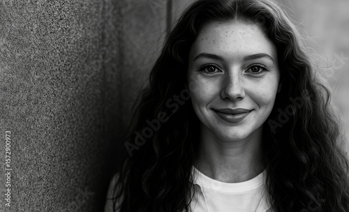 Dramatic close-up of freckled woman with intense gaze, positioned on the right side of a wide frame, soft shadows on textured wall, artistic negative space on left, monochrome portrait.