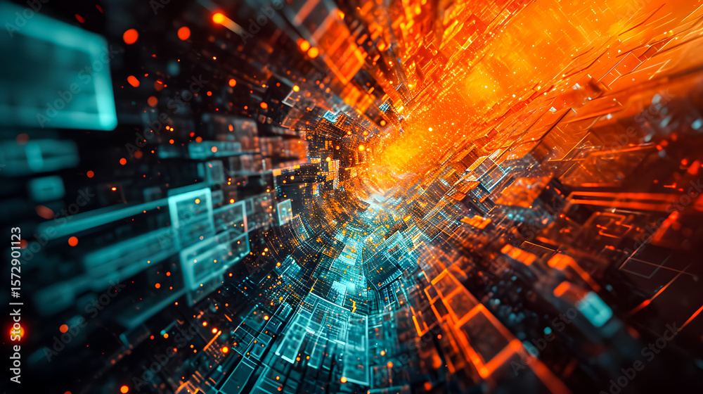 Fototapeta premium Dynamic glowing tunnel of neon lights and digital data. Abstract futuristic cyberspace background in pink and blue colors, perfect for technology and sci-fi backgrounds wallpaper