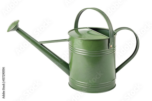 Green metal watering can for gardening on transparent background