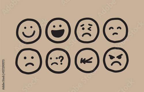 Collection of hand drawn emoticons expressing various emotions like happiness sadness anger and confusion