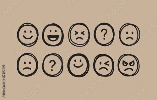 Collection of hand drawn emoji faces showing different emotions and question marks on a beige background