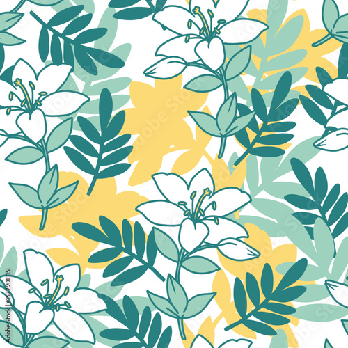 Abstract White Lily and Green Leaf Nature Pattern. Seamless abstract floral pattern, ideal for garden, botanical, floral, and nature-inspired surface designs.