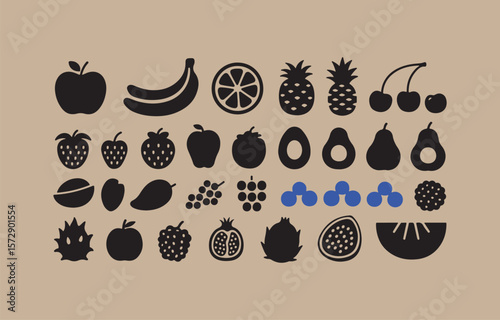 Collection of black silhouette fruits and berries on a light brown background