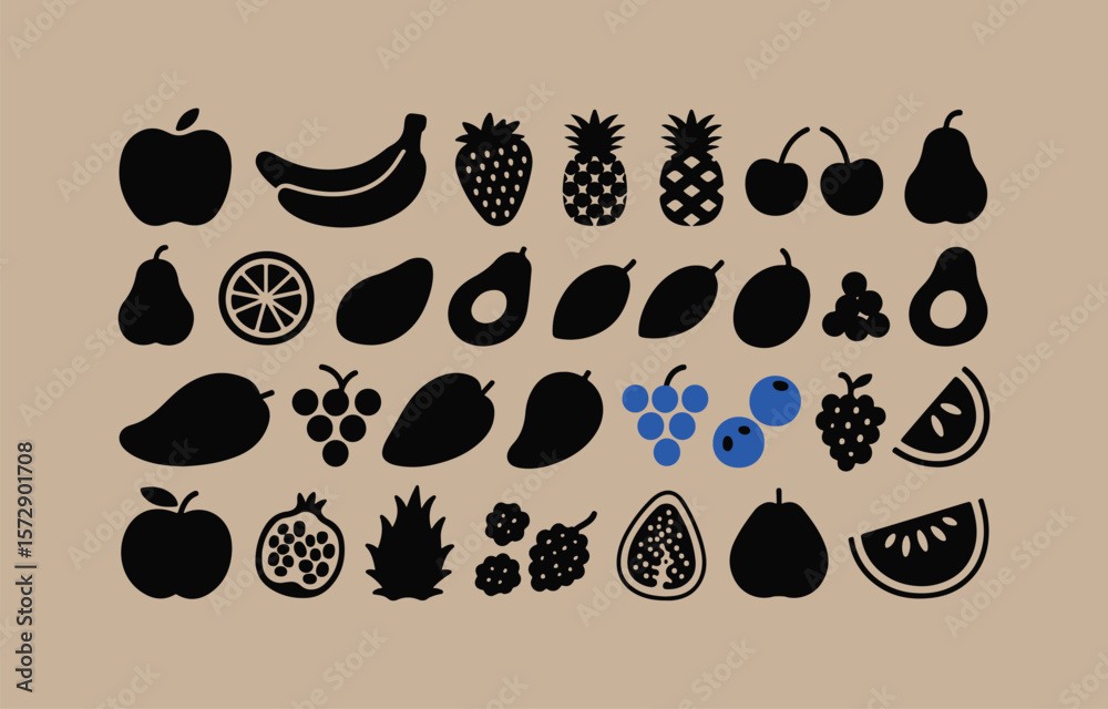 Fototapeta premium Collection of black silhouette fruit icons arranged in rows on a light brown background