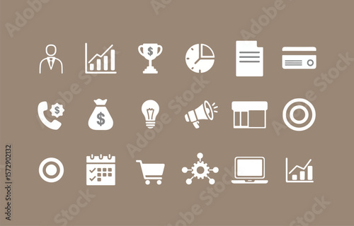 Collection of modern business and finance icons representing growth success and strategy