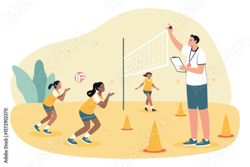 Volleyball team training session with coach.