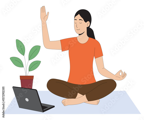 Woman Practicing Online Yoga with Laptop Virtual Meditation Class Flat Vector. Home Yoga and Meditation Concept Female Character Doing Relaxation Exercise Online. 