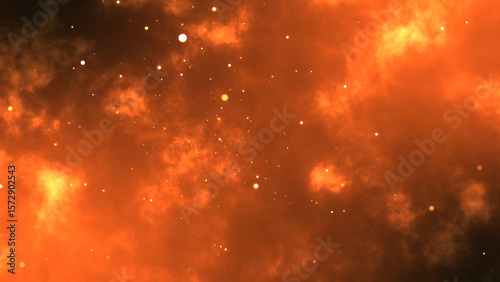 Fiery orange nebula with glowing particles and bright stars in a cosmic celestial background