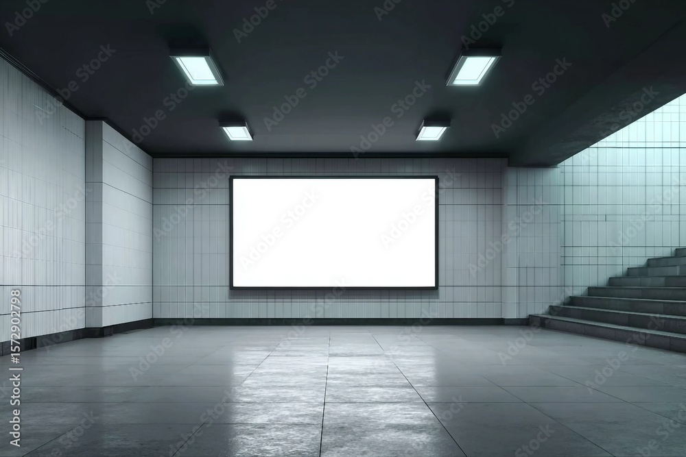 Obraz premium Modern underground passage with empty mock up banner, ceiling lamps and stairs. Subway tile wall. 3D Rendering