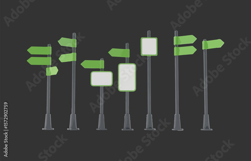 Collection of green directional road signs and blank signposts against a dark background