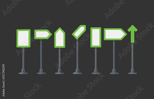 Collection of diverse directional signposts with blank white panels and green borders on dark background