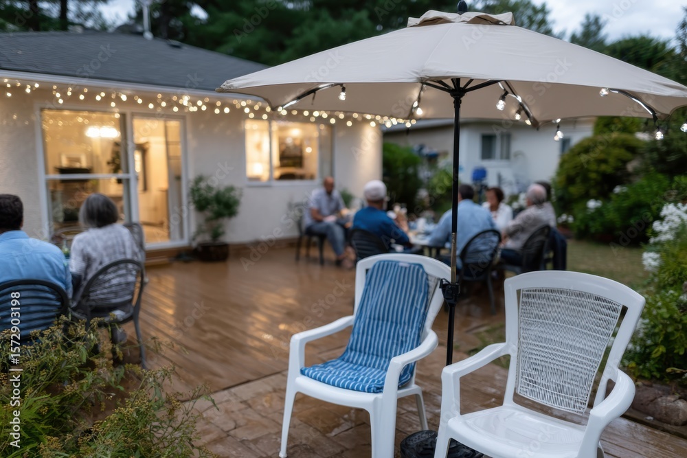 Fototapeta premium A cozy evening gathering on a wooden deck, illuminated by warm string lights, creating a welcoming atmosphere for friends and family to enjoy their time together.