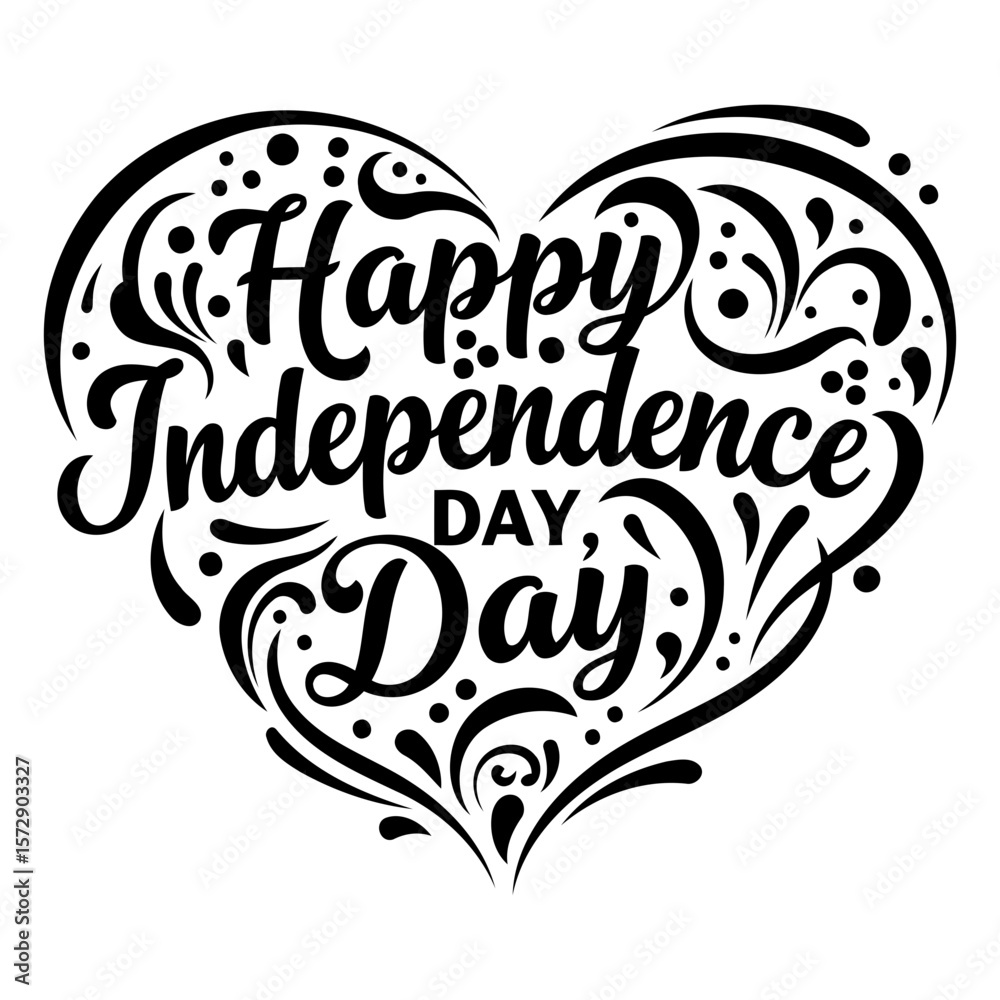 Fototapeta premium Happy Independence Day graphic design with decorative heart shape. Ornate typography displays the festive message in a bold, artistic style.