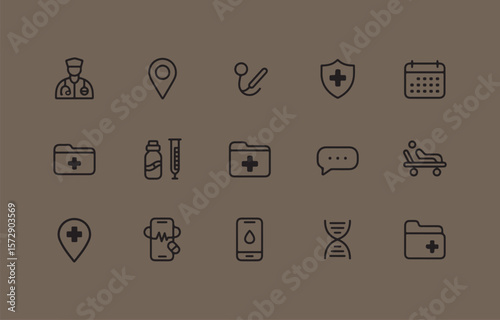 Collection of medical and healthcare icons representing doctor patient care and digital health services