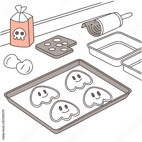 Cute ghost shaped cookies are being prepared on a baking sheet with ingredients and baking tools for a fun halloween baking activity