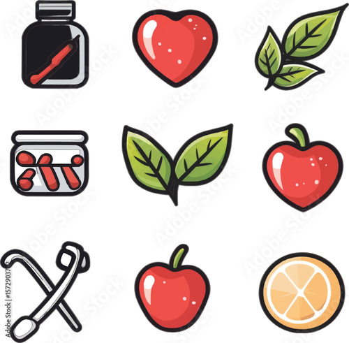 Set of food vector icons featuring apples and other fresh fruits in a healthy and colorful design
