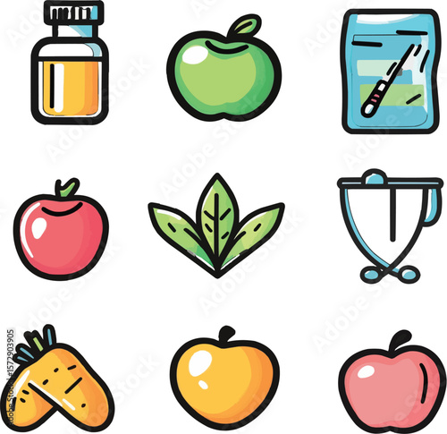 A clear and simple name for the image could be:
Healthy food and fruit icon set with apples bananas and other fresh cartoon illustrations