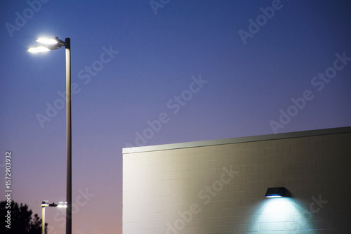 Exterior lighting on building at dusk