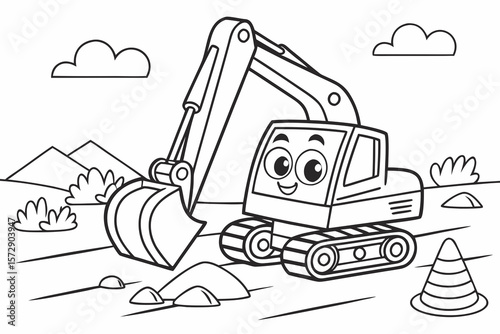 Vector line art of a cute excavator with eyes and smile, working on a construction site, coloring page for kids, thick lines, no shading