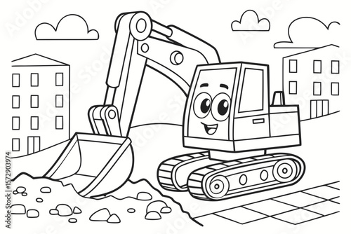 Vector line art of a cute excavator with eyes and smile, working on a construction site, coloring page for kids, thick lines, no shading