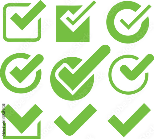 Green checkmarks in various circular and square designs tick symbol