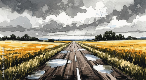 Watercolor of a rural road in the rain, evoking quiet introspection and the raw beauty of moody weather