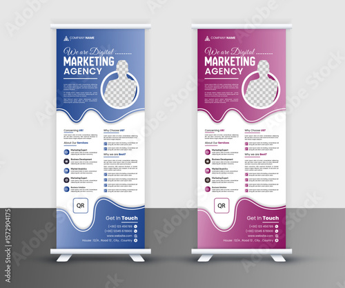 Digital Marketing Agency Roll Up Banner: Professional and modern roll-up banner design for a digital marketing agency. Two color variations: blue and purple.