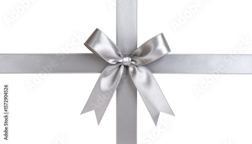 shiny silver gift ribbon with bow PNG, cutout isolated on transparent background